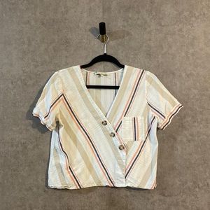 June & Hudson 100% Cotton Cropped Linen Feel Boxy Blouse Cream Striped Top